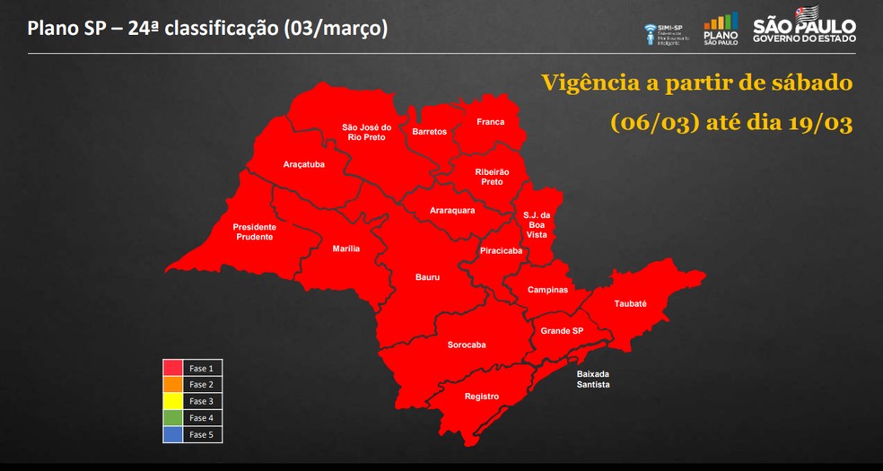 Mapa da reclassificação do Plano SP atualizada nesta quarta (3) — Foto: Reprodução/Governo de SP
